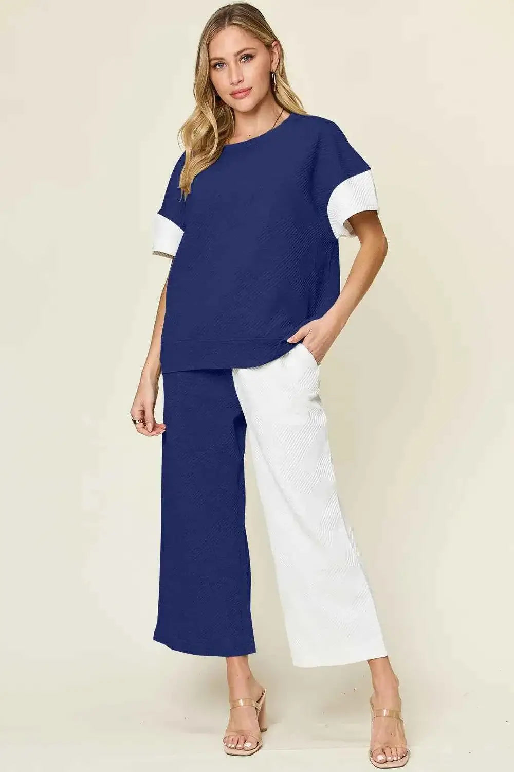Plus Size Contrast T-Shirt and Wide Leg Pants Set