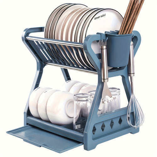 Space-Saving 2-Tier Kitchen Dish Rack with Drainboard - Sleek Blue &
