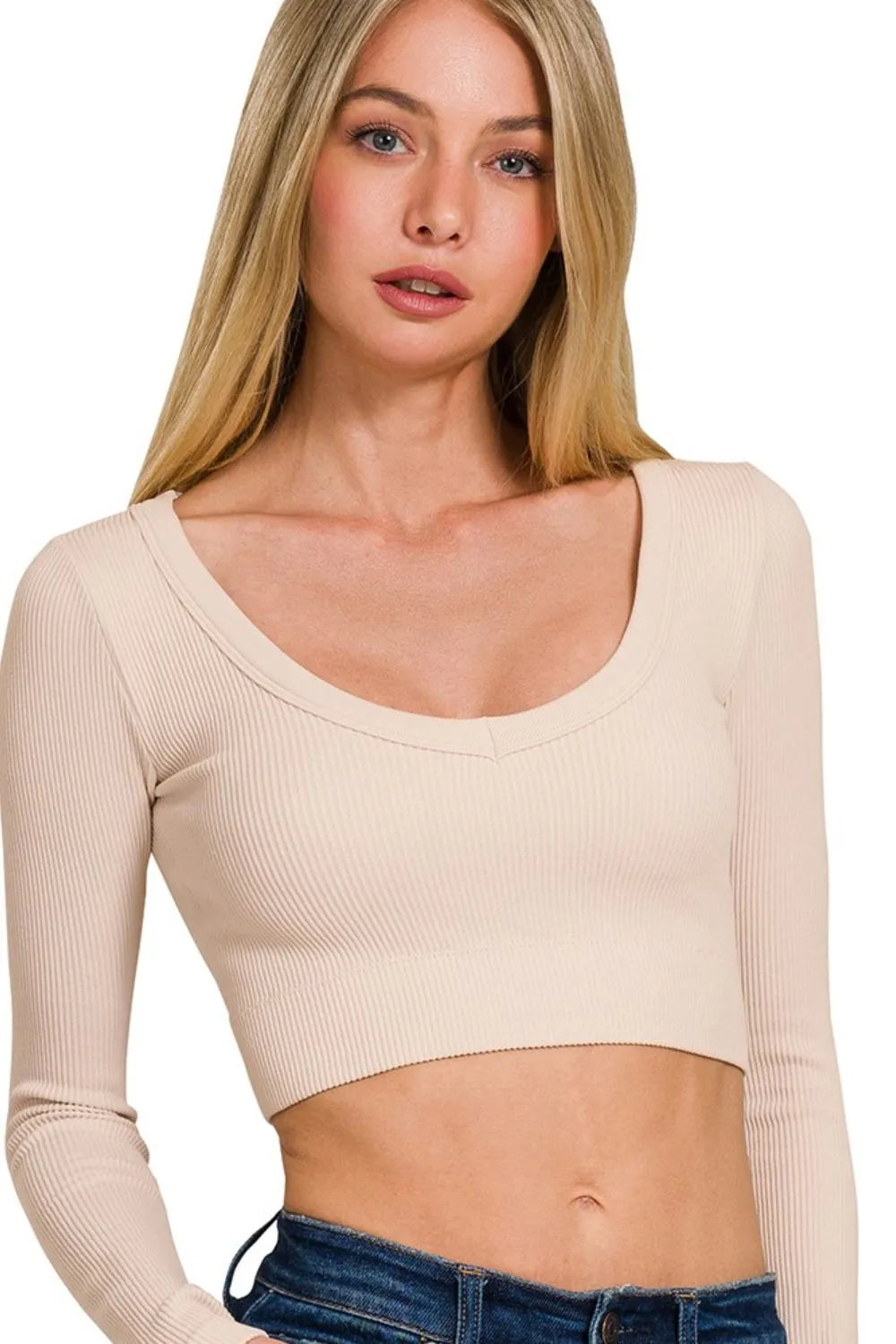 Zenana Seamless Fitted Rib V-neck Long Sleeve Crop Top in Sand