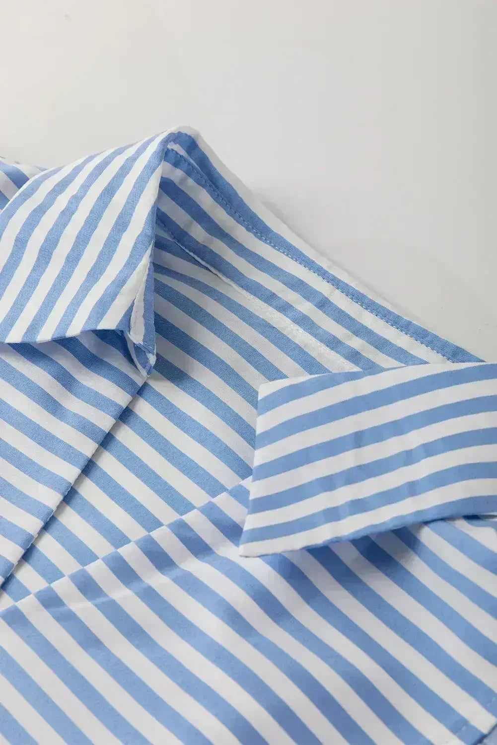 Sky Blue Striped Ric Rac Trim Collared V Neck Blouse