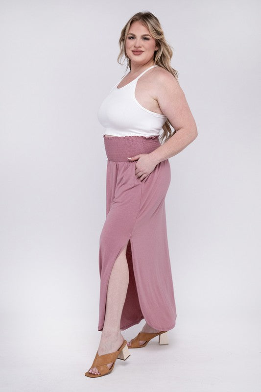 ZENANA Plus Smocked Waist Side Slit Maxi Skirt w/ Pockets