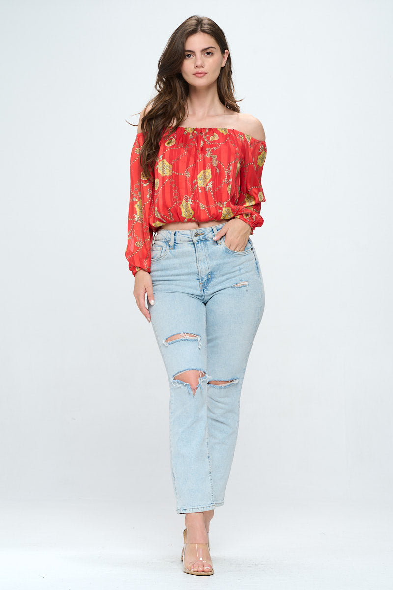 Off-Shoulder Printed Crop Top with Long Sleeves | Apparel | Kitchen + Metal