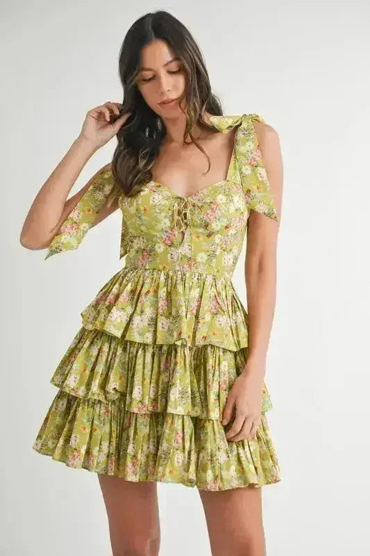 MABLE Floral Mini Dress – Adjustable Shoulder Tie Layered Design