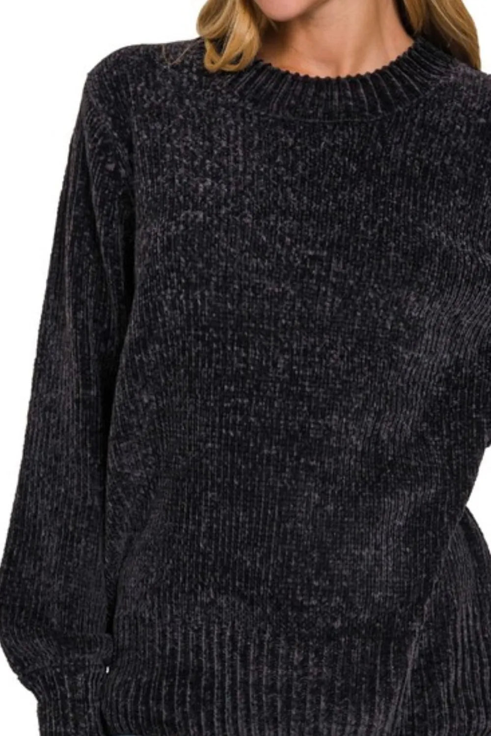 Zenana Round Neck Balloon Sleeve Chenille Sweater in Black
