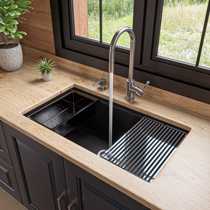 ALFI brand AB3418SBUM 33" Granite Composite Workstation Step Rim Single Bowl Undermount Sink with Accessories