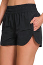 Zenana Windbreaker Smocked Waistband Running Shorts in Black