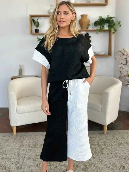 Plus Size Contrast T-Shirt and Wide Leg Pants Set