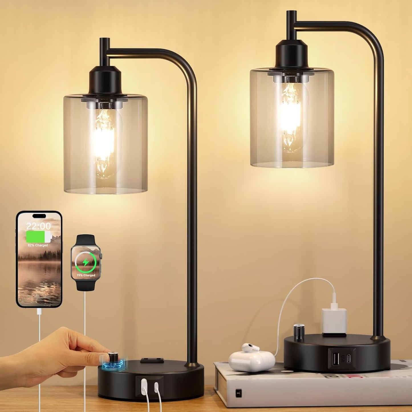 Industrial Desk Lamps for Office Set of 2 - Fully Dimmable Bedside | Lighting | Kitchen + Metal