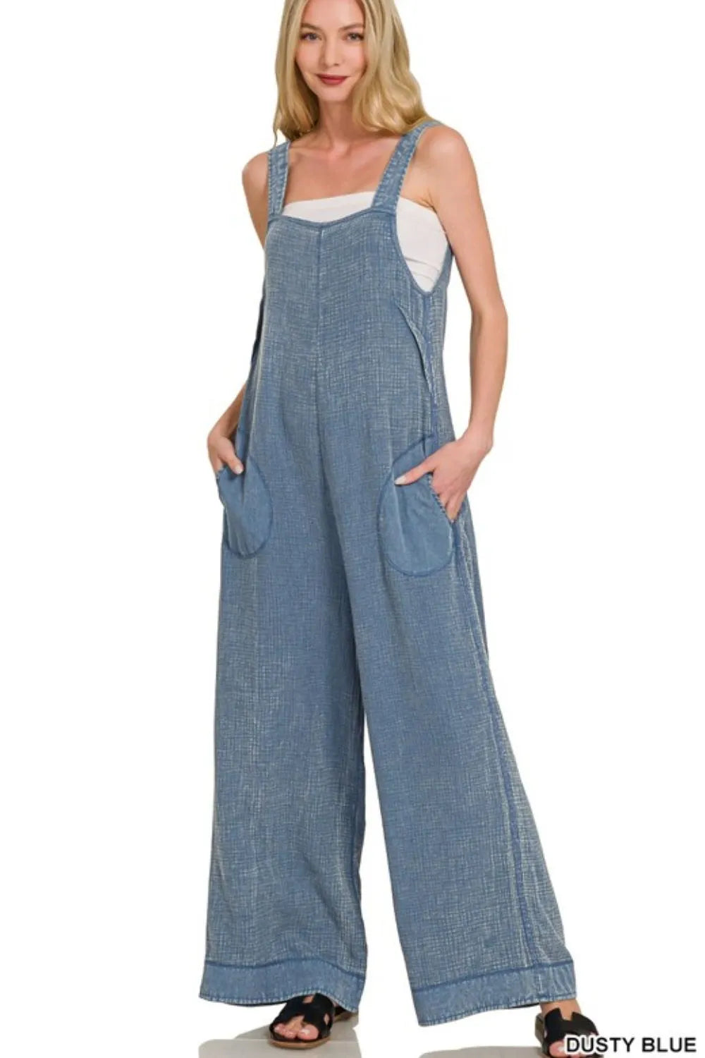 Zenana Double Gauze Washed Wide Leg Overalls in Blue