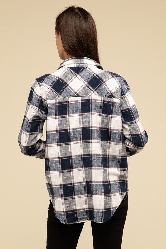 ZENANA Cotton Plaid Shacket With Front Pocket