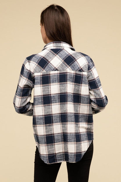 ZENANA Cotton Plaid Shacket With Front Pocket