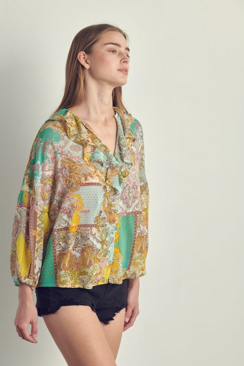 Ruffled V-Neck Patchwork Blouse | Apparel | Kitchen + Metal