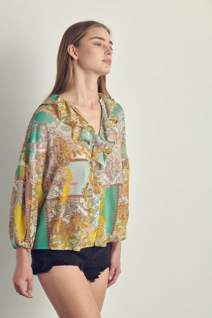 Ruffled V-Neck Patchwork Blouse | Apparel | Kitchen + Metal