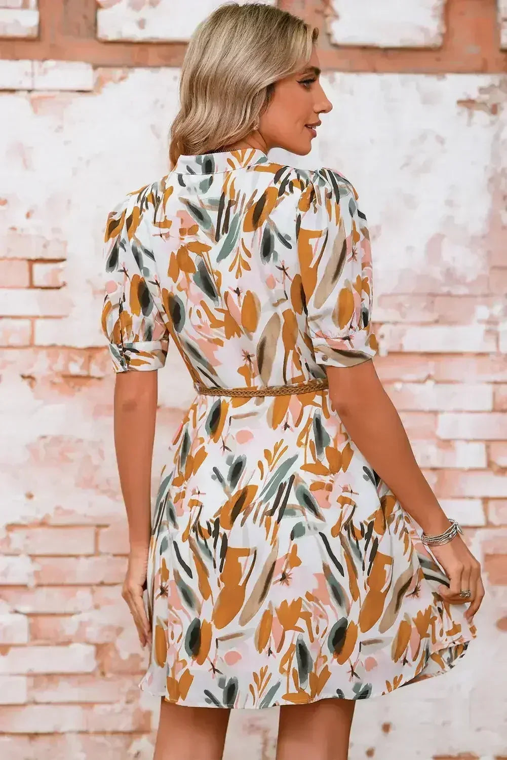 Brown Abstract Puff Sleeve Button Up Braided Belt Mini Dress