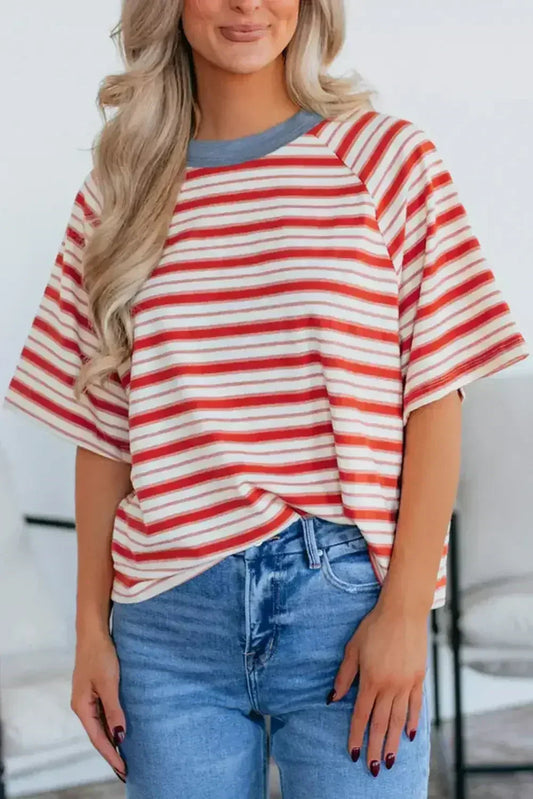 Tomato Red Striped Raglan Sleeve Contrast Neck T-Shirt