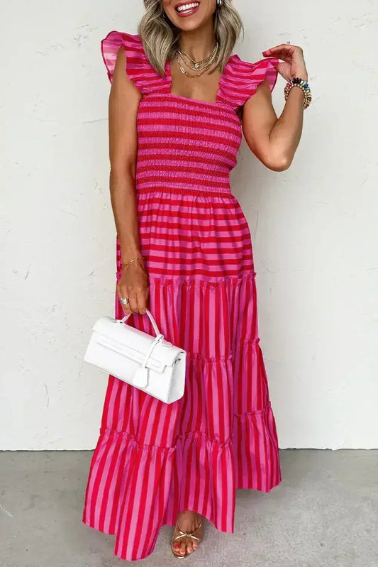 Rose Stripe Ruffle Strap Shirred Bodice Tiered Maxi Dress