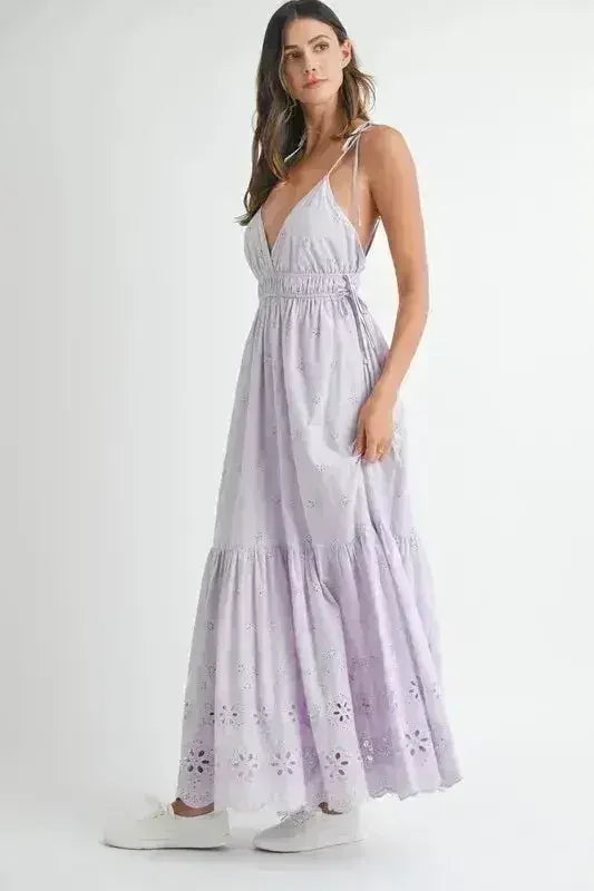 MABLE Eyelet Lace Maxi Dress With Side Strap Details