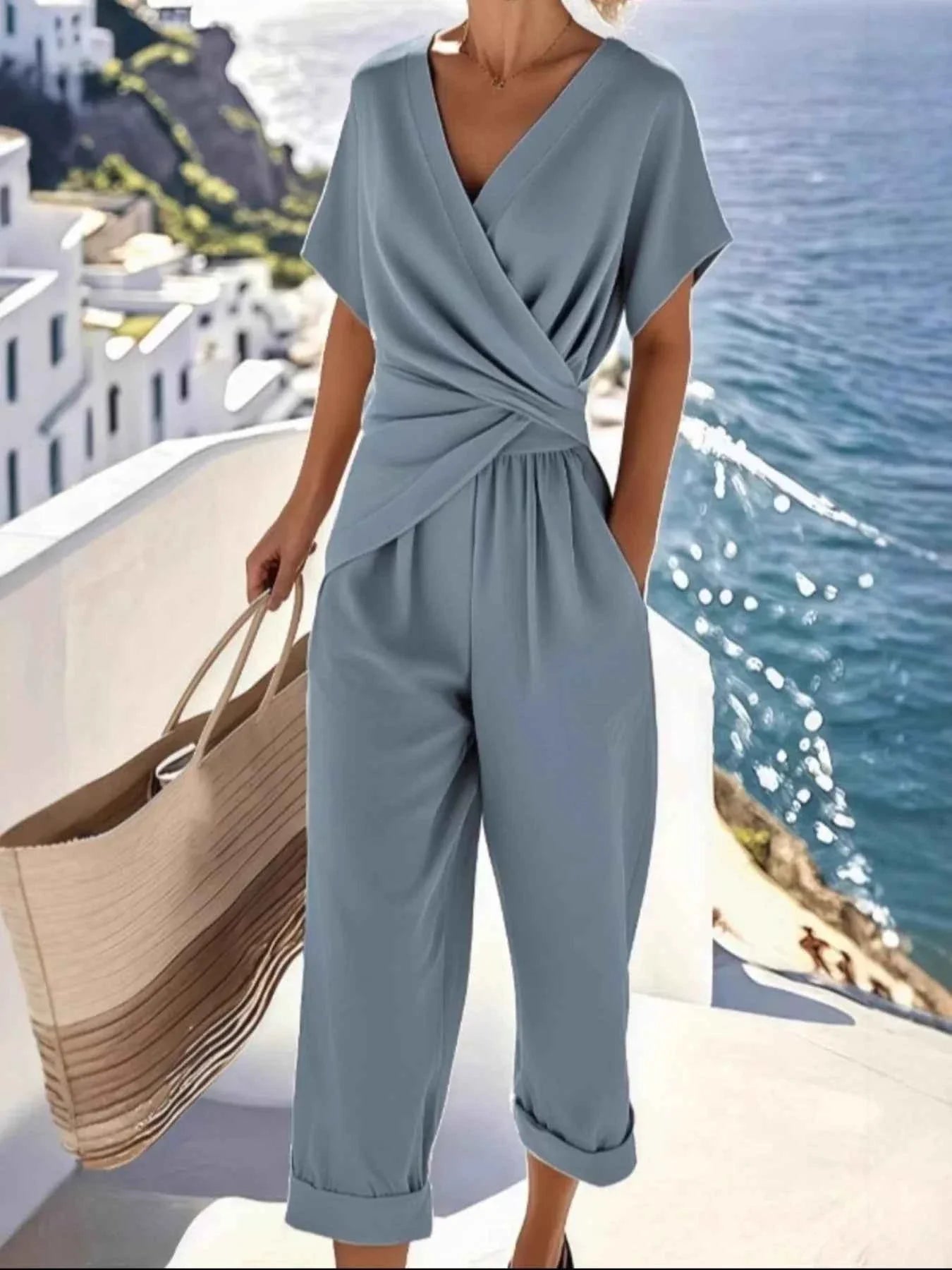 Full Size Surplice Short Sleeve Top and Pants Set Plus Size Pantsuit