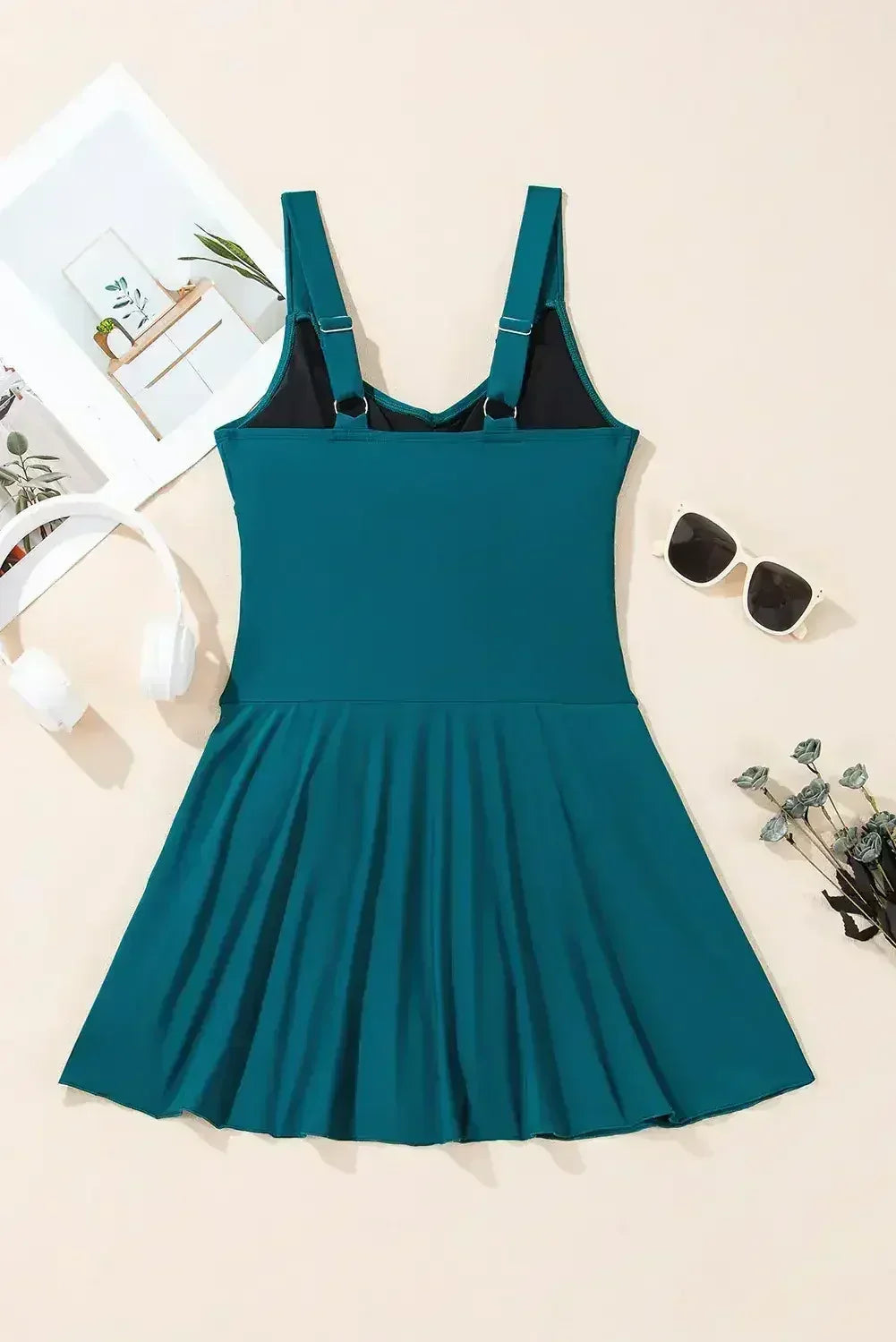 Navy Blue Adjustable Straps Cutout Ruched Knot Slit One Piece Swim Dress