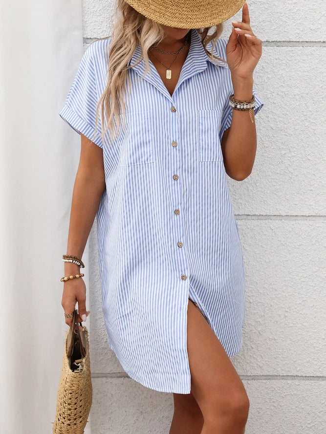 Striped Cotton Linen Shirt Dress