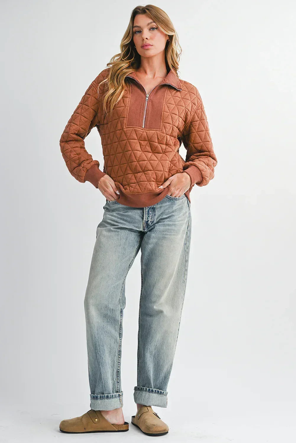 Brown Textured Zipper Neck Long Sleeve Pullover Sweatshirt - Femstylo