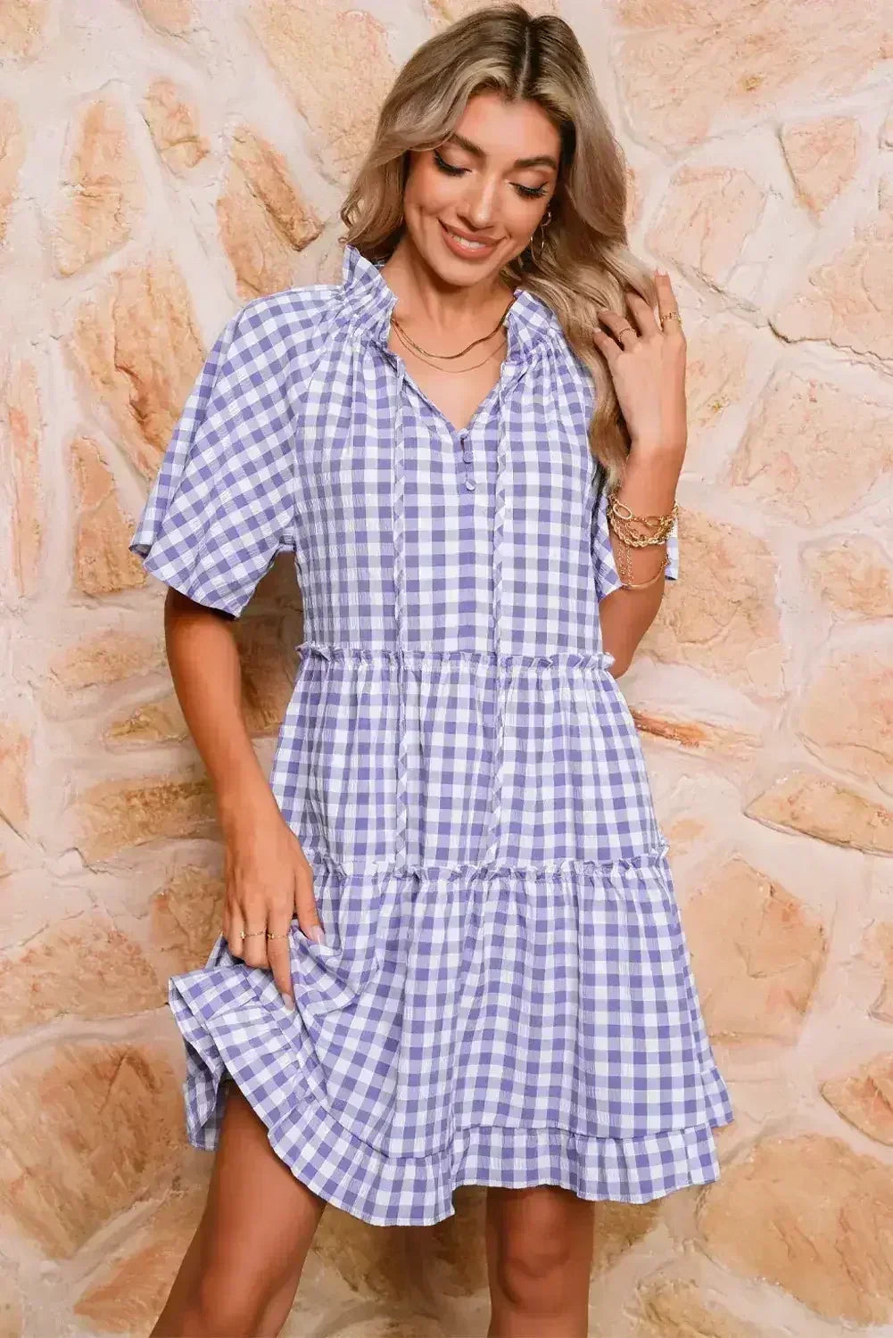 Lavendula Plaid Frill Tiered Mini Dress