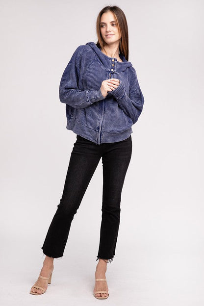 ZENANA Acid Wash Cotton Waffle Hooded Zip-Up Jacket