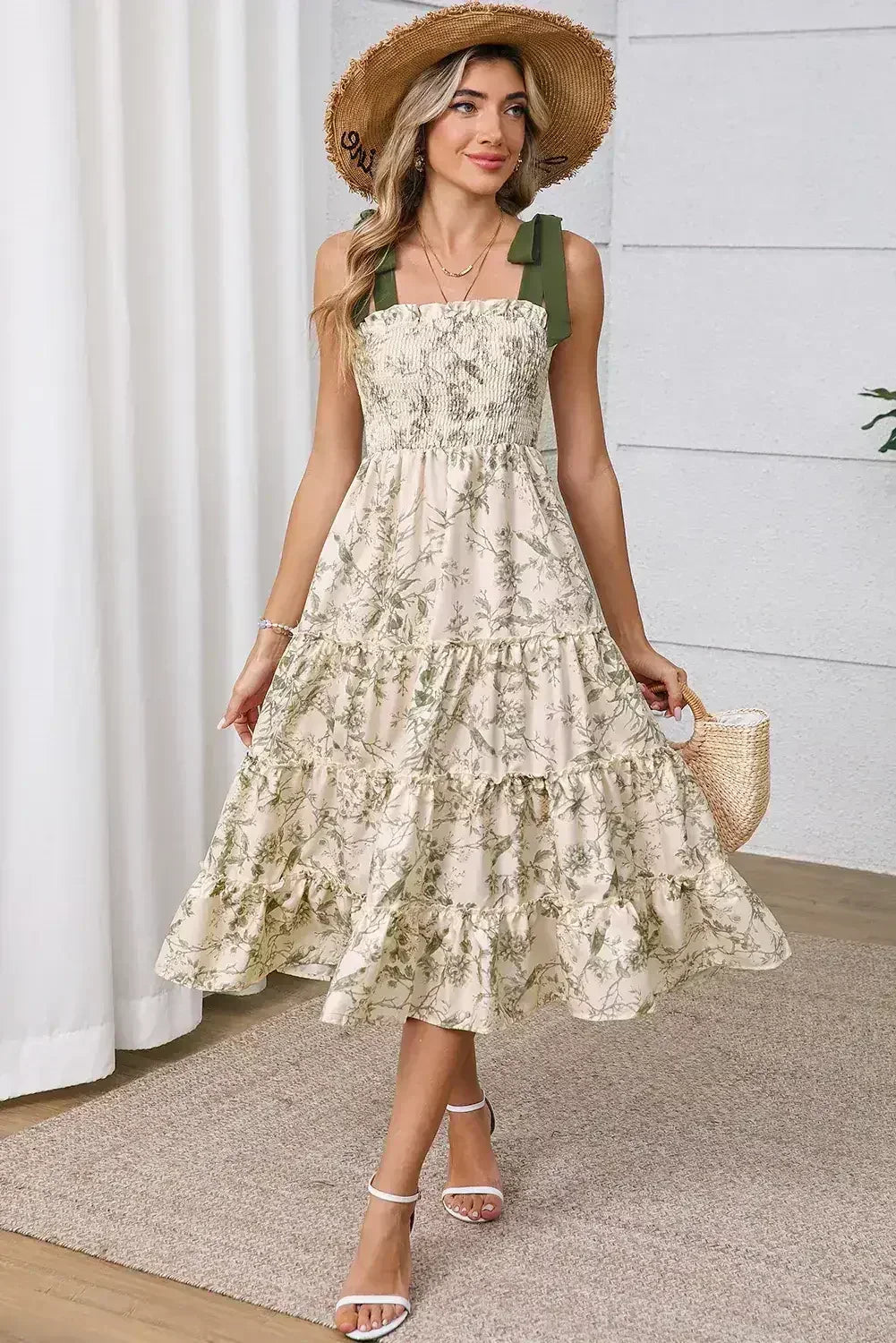 Green Floral Smocked High Waist Tiered Midi Dress