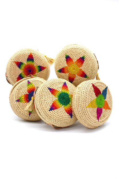 Carmel Crochet Round Flower Straw Crossbody Bag with Tassel