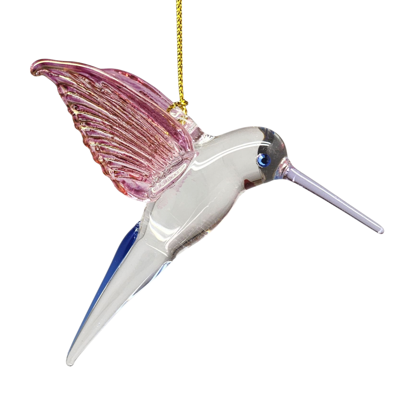 Feeding Hummingbird glass Ornament - Pink Wings / Blue Tail / Blue Beak