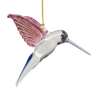 Feeding Hummingbird glass Ornament - Pink Wings / Blue Tail / Blue Beak