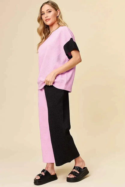 Plus Size Contrast T-Shirt and Wide Leg Pants Set