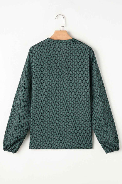 Green Geometric Print Blouse with Notched Neck and Long Sleeves