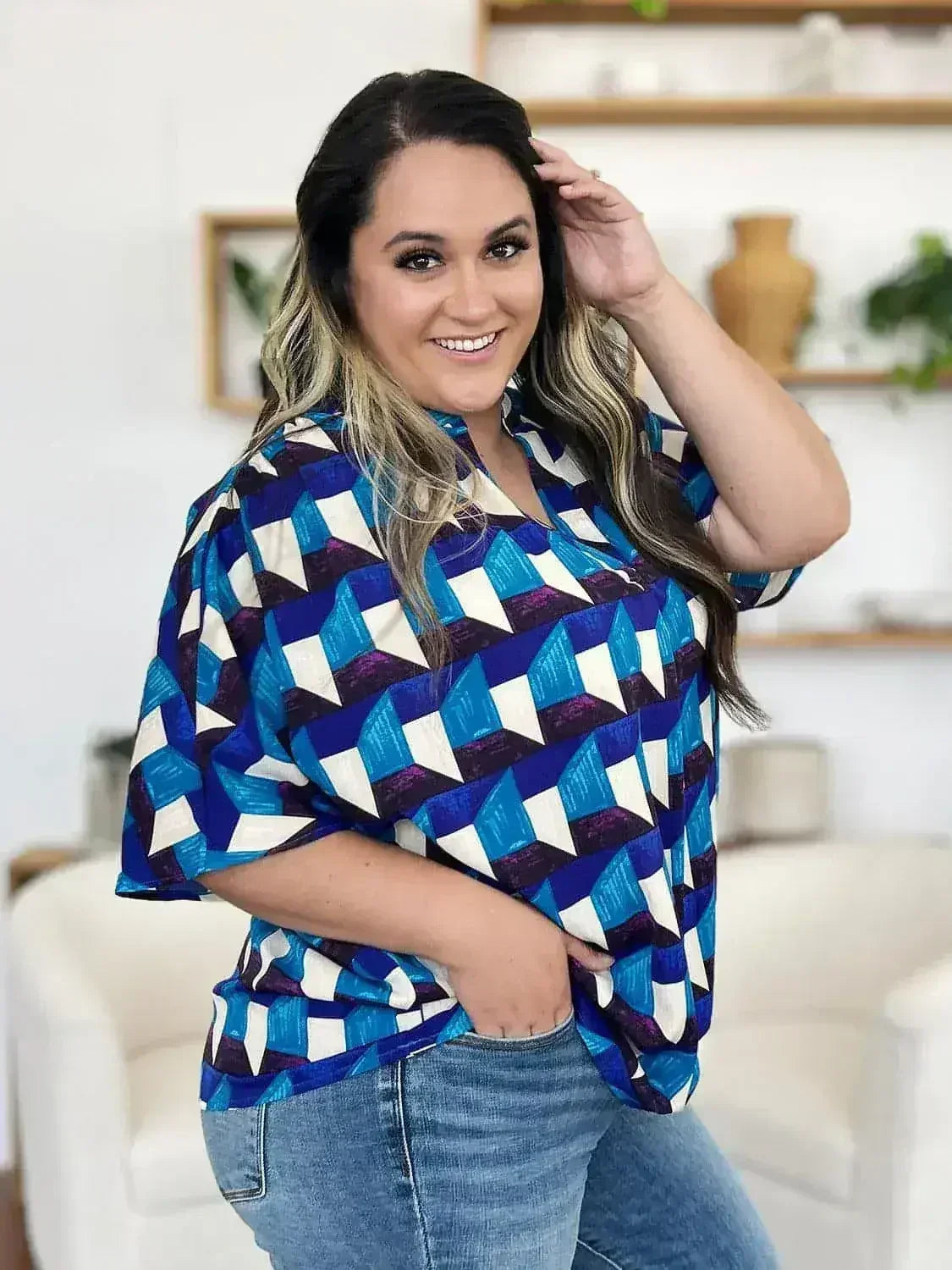 Geometric Notched Sleeve Blouse - Versatile Top | Femstylo