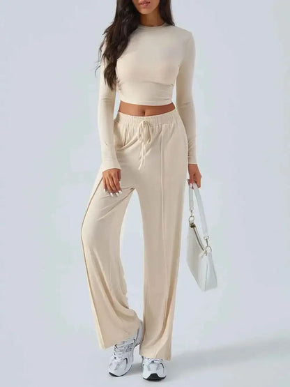 Round Neck Long Sleeve Crop Top and Pants Set