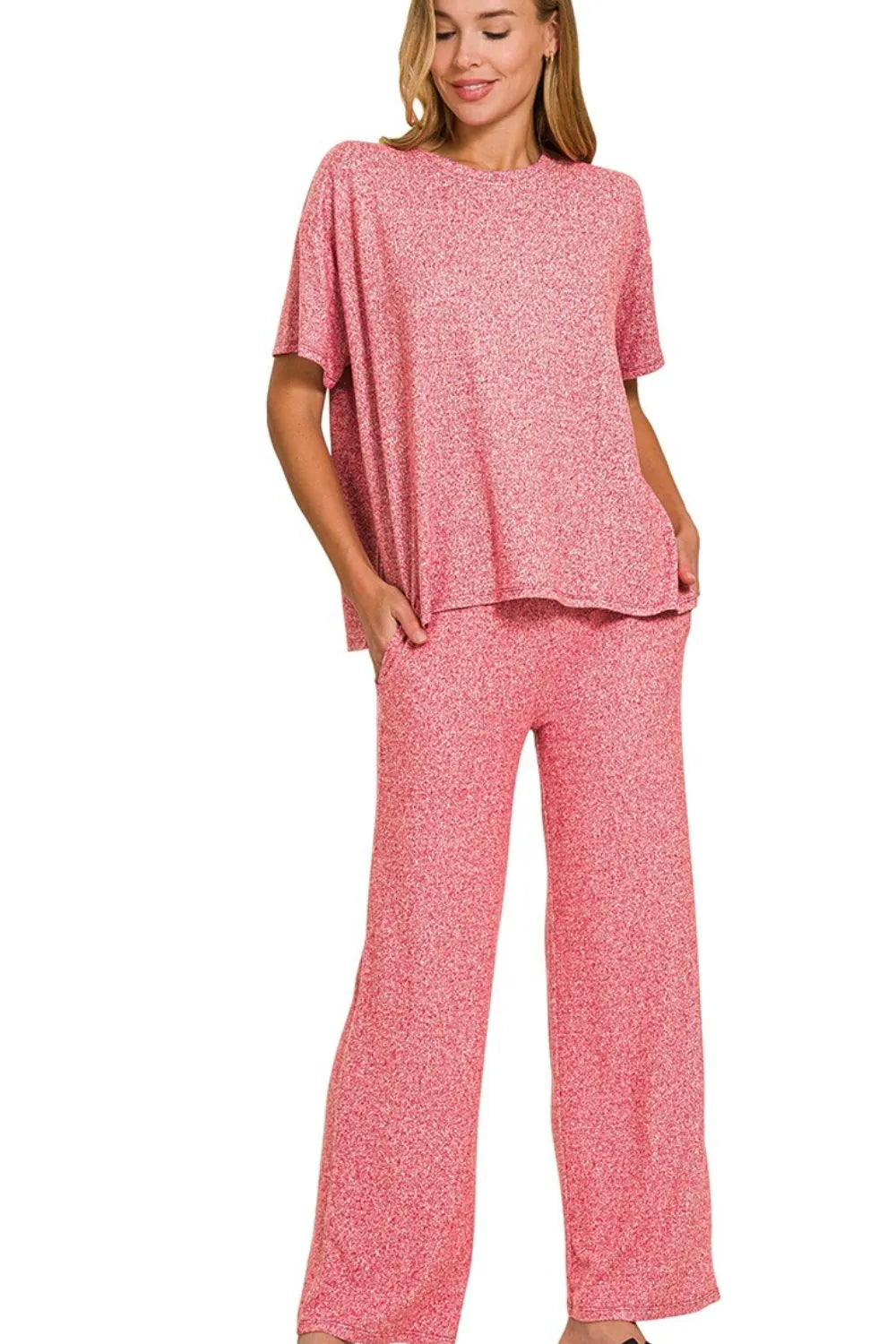 Zenana Soft Melange Short Sleeve Tee & Long Pants Set in Red