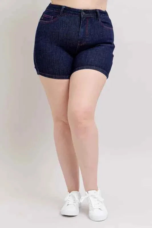 Judy Blue Plus Size High Waist Denim Shorts with Heart Shaped Pockets & Red Contrast Thread