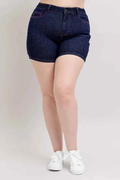 Judy Blue Plus Size High Waist Denim Shorts with Heart Shaped Pockets & Red Contrast Thread