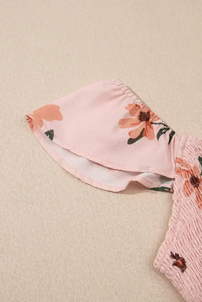 Pink Floral V Neck Smocked High Waist Ruffle Hem Maxi Dress
