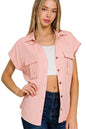 Zenana Tencel V-neck Collared Top W Front Flap Pockets
