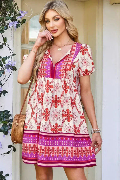 Rose Boho Floral Short Sleeve Tie V Neck Mini Dress