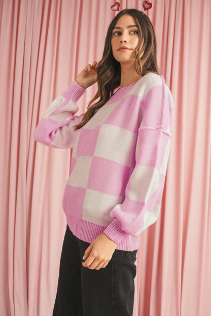 Dark Brown Plaid Bishop Sleeve Pullover Sweater
