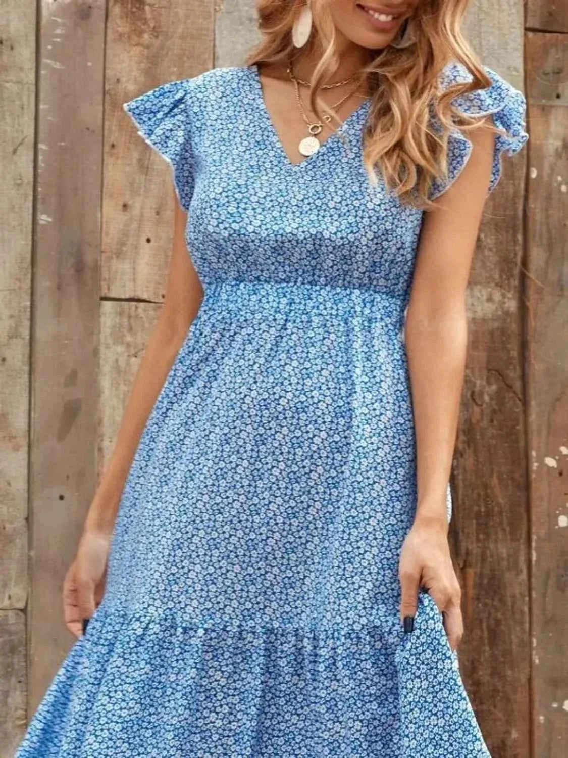 Printed V-Neck Maxi Dress with Ruffle Sleeves