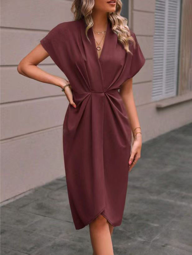 Summer Batwing Sleeve Dress - Stylish V-neck Pleated Short Sleeve Dress for Women