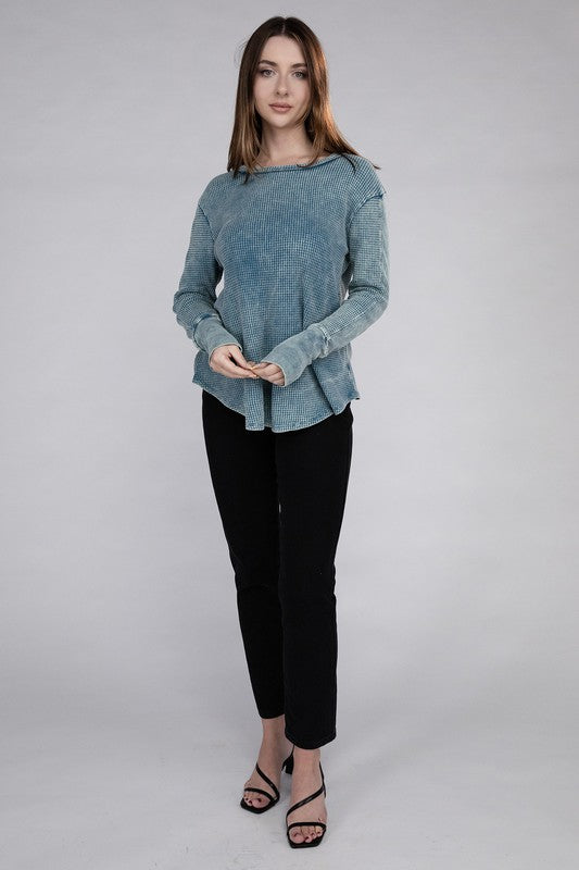 ZENANA Washed Baby Waffle Long Sleeve Top