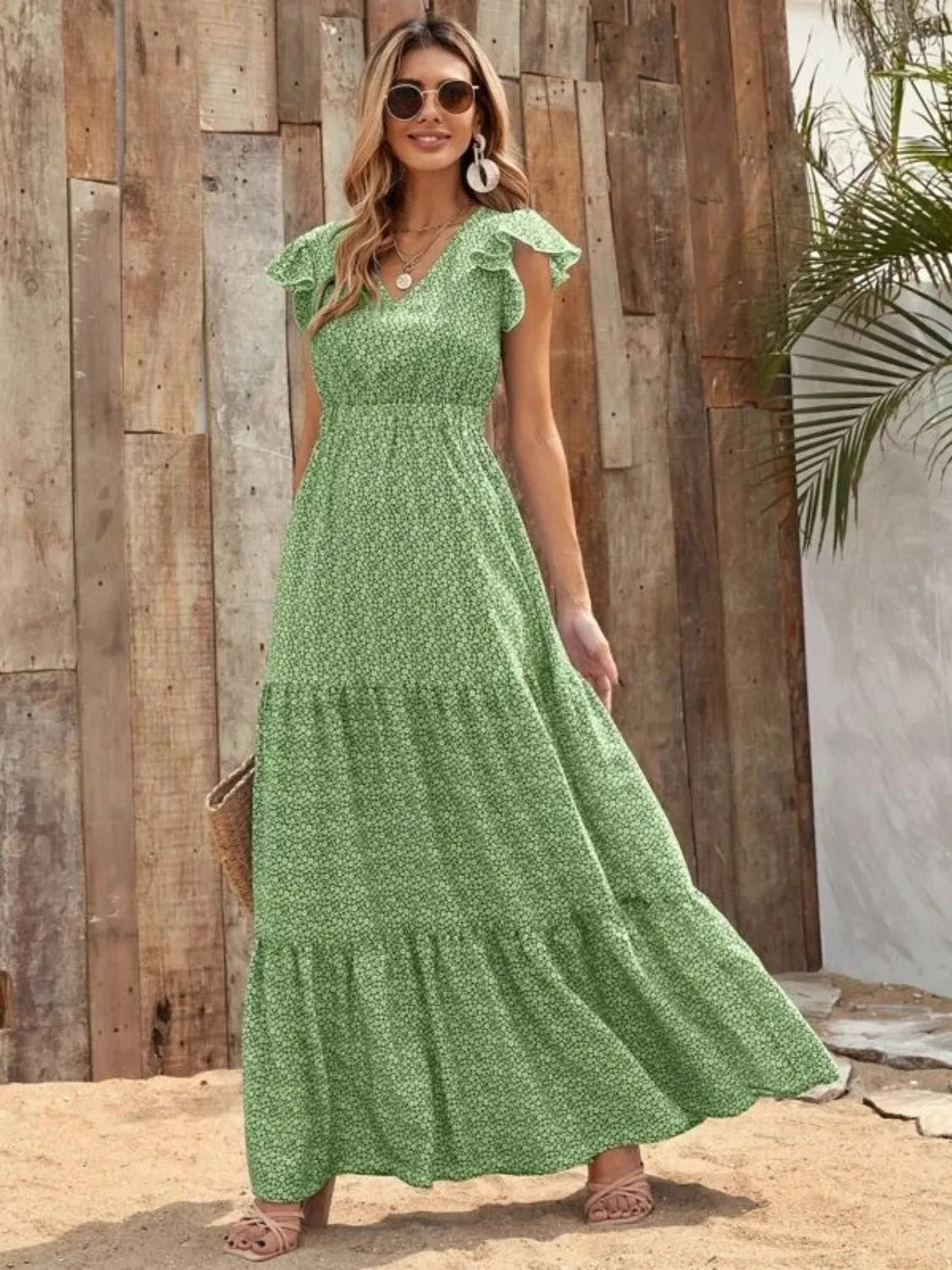 Printed V-Neck Maxi Dress with Ruffle Sleeves