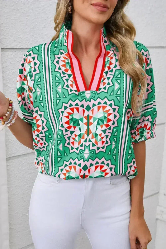 Sea Green Boho Geometric Print Color Neckline Blouse | Femstylo