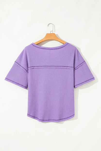 Blue Exposed Seam Drop Sleeve V Neck Waffle Textured Top