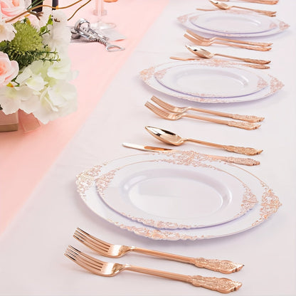 Elegant Gold Rim Plastic Dinnerware Set  50pcs Reusable