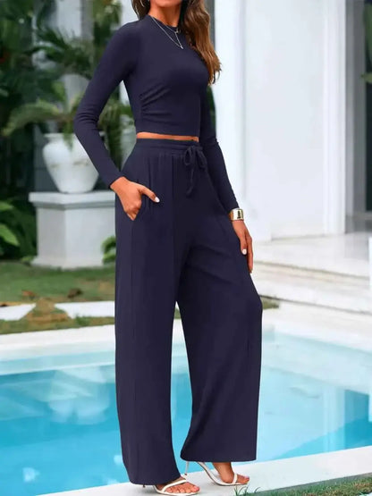Round Neck Long Sleeve Crop Top and Pants Set